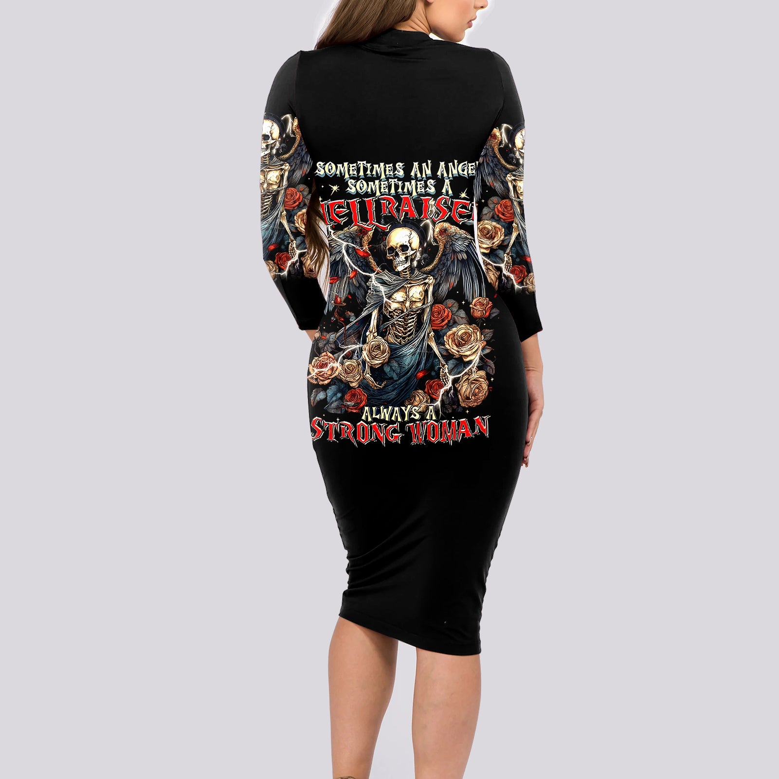 Angel Skull Long Sleeve Bodycon Dress Sometimes An Angel Sometimes A Hellraiser - Wonder Print Shop