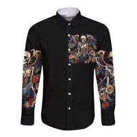 Black long-sleeve button shirt with front angel-skull graphic and rose wing sleeves