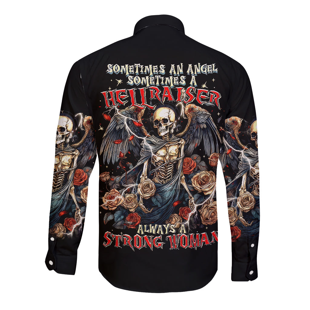 Black long-sleeve button shirt with angel skull graphic, roses and wings on back