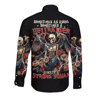 Black long sleeve button shirt, back graphic of angel skull and wings with roses