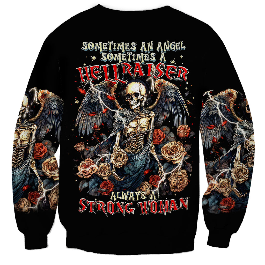 Black unisex sweatshirt with skull angel graphic, roses and front text