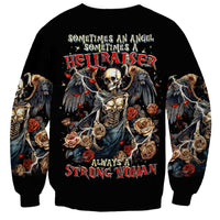 Black unisex sweatshirt with skull angel graphic, roses and front text