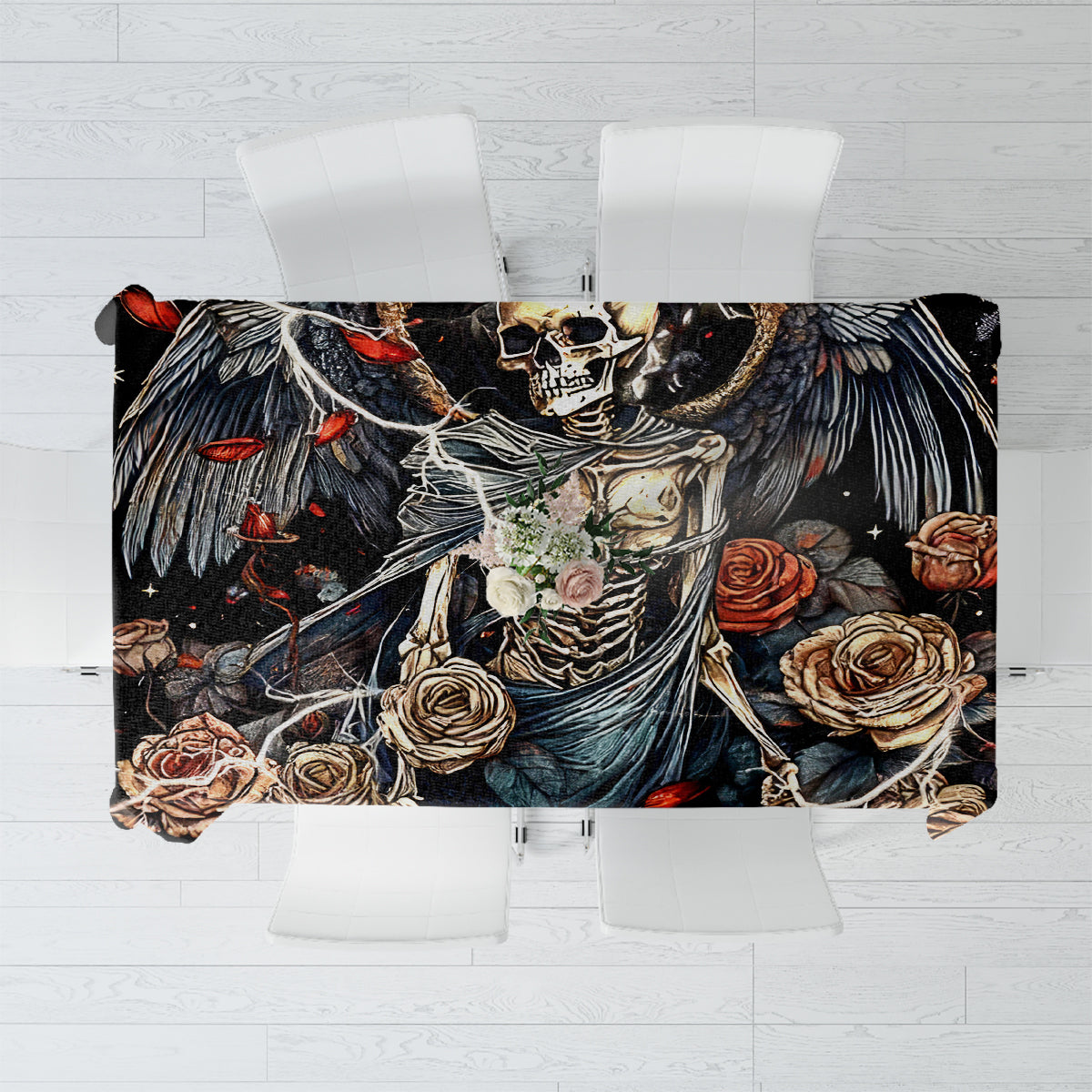 Square black tablecloth with angel-and-skull print, roses, and dark fantasy artwork.