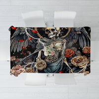 Square black tablecloth with angel-and-skull print, roses, and dark fantasy artwork.