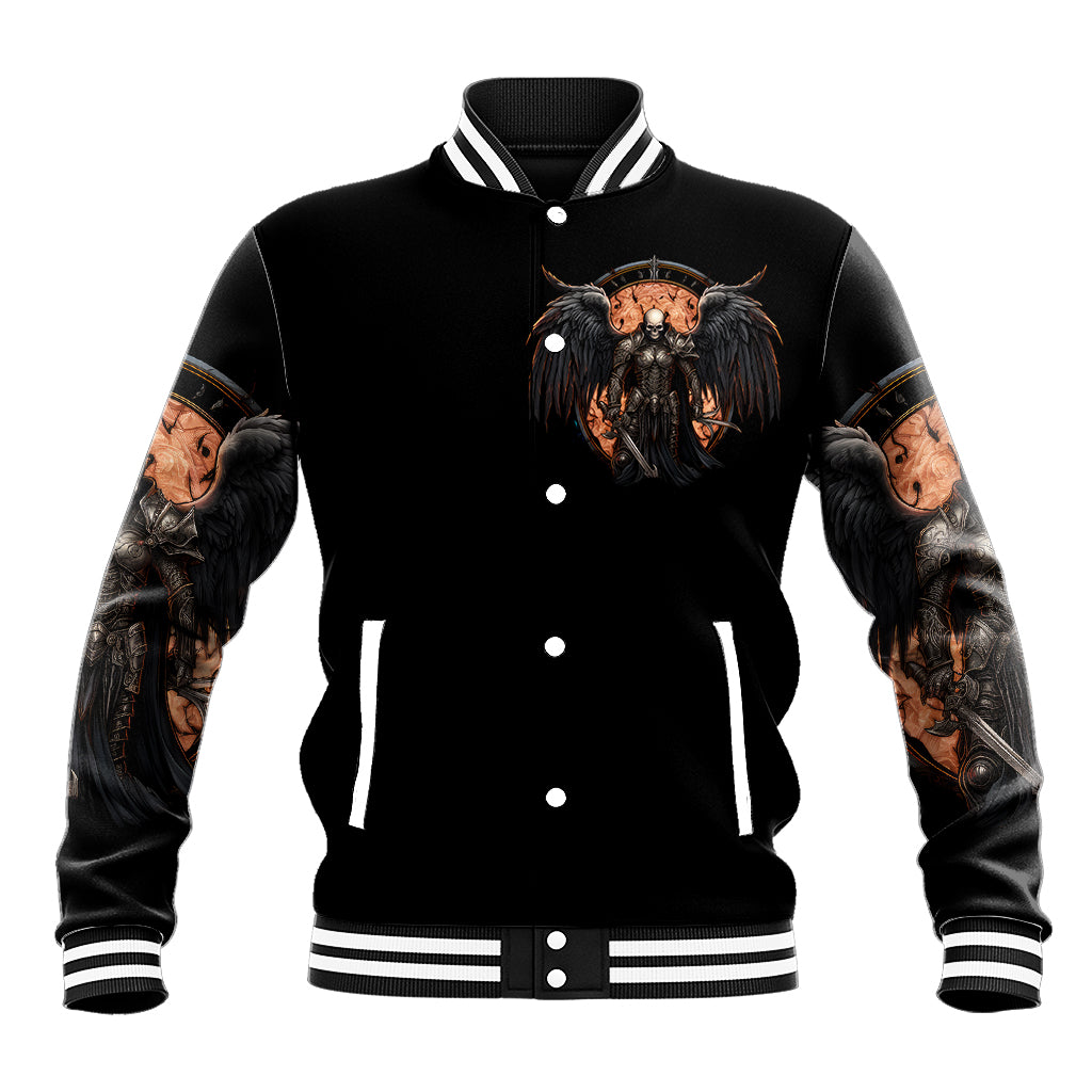 Black baseball jacket with button front, striped ribbed collar, and front warrior skull print