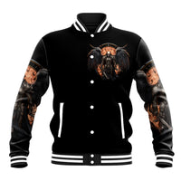 Black baseball jacket with button front, striped ribbed collar, and front warrior skull print