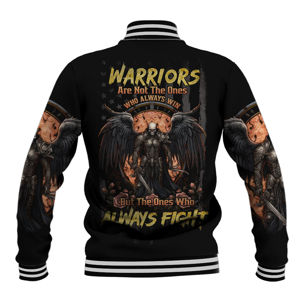 Black baseball jacket with ribbed striped collar, cuffs, and large back warrior graphic