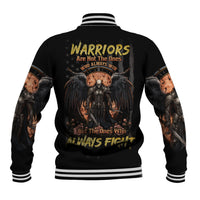 Black baseball jacket with ribbed striped collar, cuffs, and large back warrior graphic