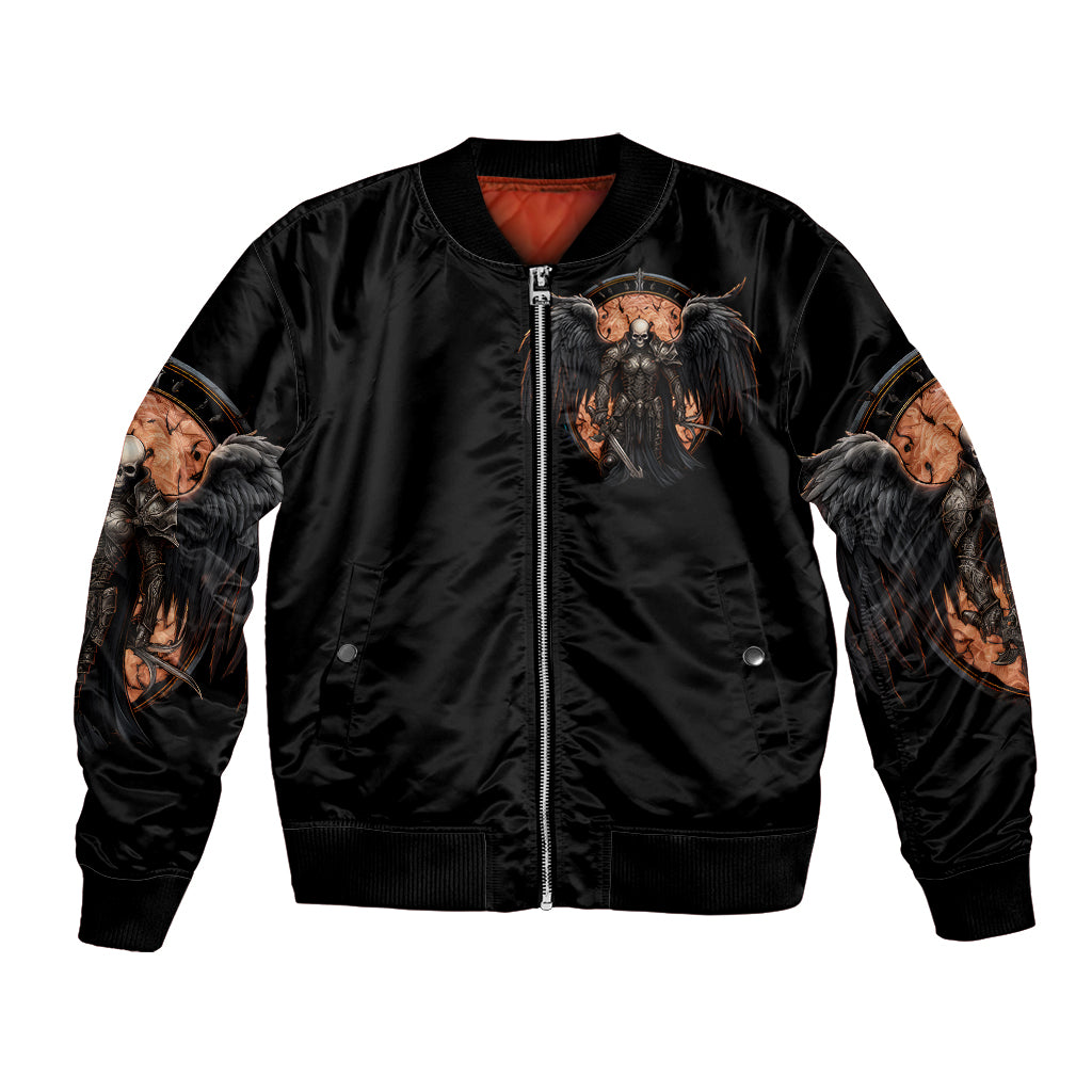 Black bomber jacket with full-zip front and warrior skull graphic, ribbed hem and cuffs