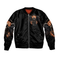 Black bomber jacket with full-zip front and warrior skull graphic, ribbed hem and cuffs