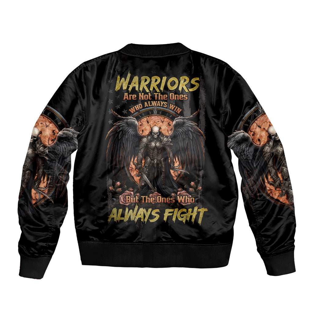 Black bomber jacket with warrior skull graphic on back, ribbed collar and cuffs