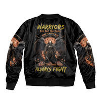 Black bomber jacket with warrior skull graphic on back, ribbed collar and cuffs