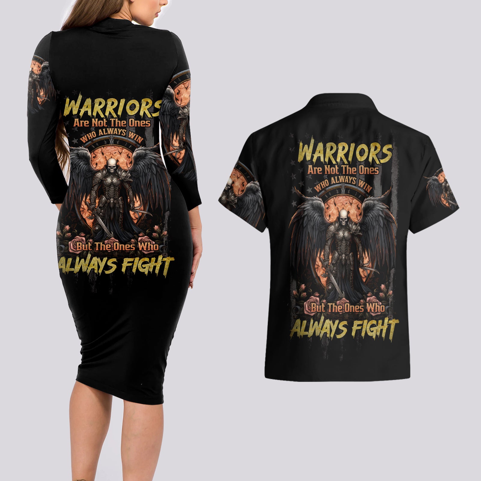 Warrior Skull Couples Matching Long Sleeve Bodycon Dress and Hawaiian Shirt Warriors Are The One Who Always Fight - Wonder Print Shop