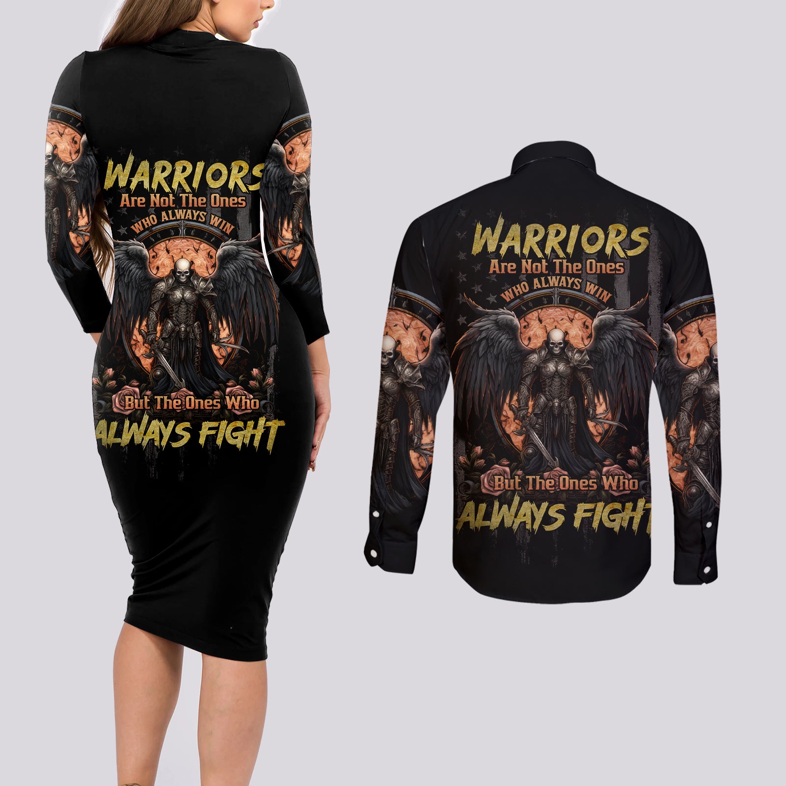 Warrior Skull Couples Matching Long Sleeve Bodycon Dress and Long Sleeve Button Shirt Warriors Are The One Who Always Fight - Wonder Print Shop