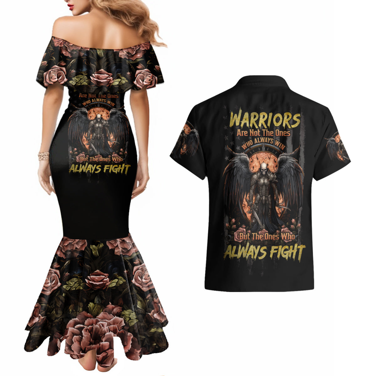 Warrior Skull Couples Matching Mermaid Dress and Hawaiian Shirt Warriors Are The One Who Always Fight - Wonder Print Shop