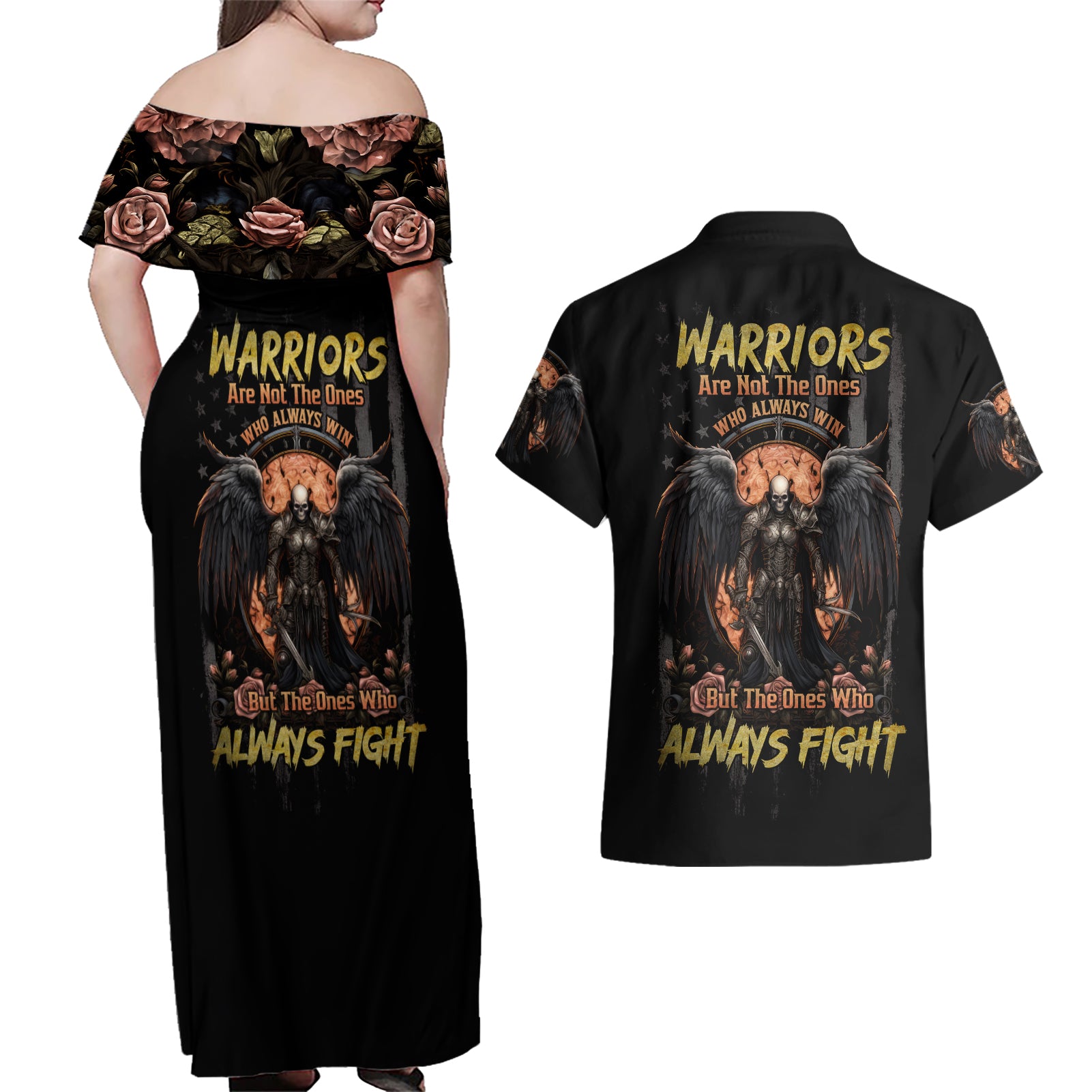 Warrior Skull Couples Matching Off Shoulder Maxi Dress and Hawaiian Shirt Warriors Are The One Who Always Fight - Wonder Print Shop