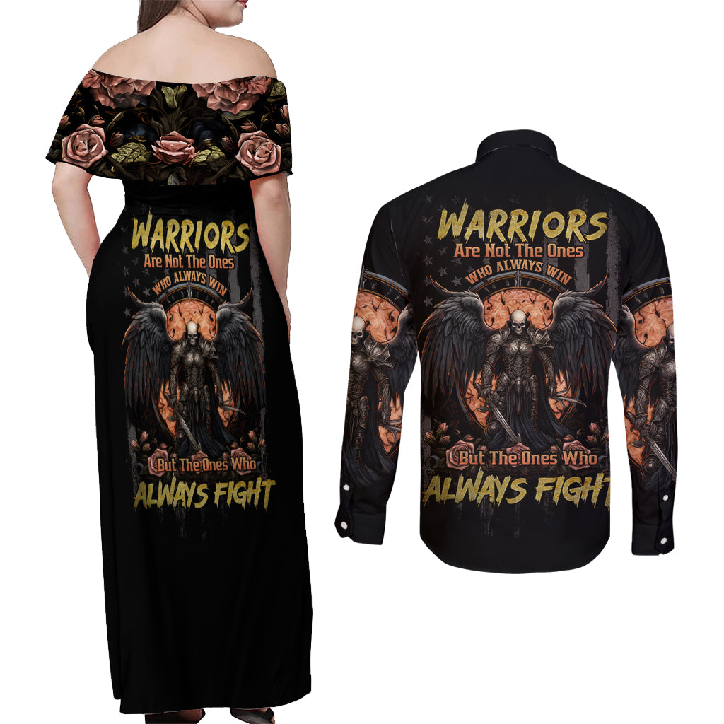 Warrior Skull Couples Matching Off Shoulder Maxi Dress and Long Sleeve Button Shirt Warriors Are The One Who Always Fight - Wonder Print Shop