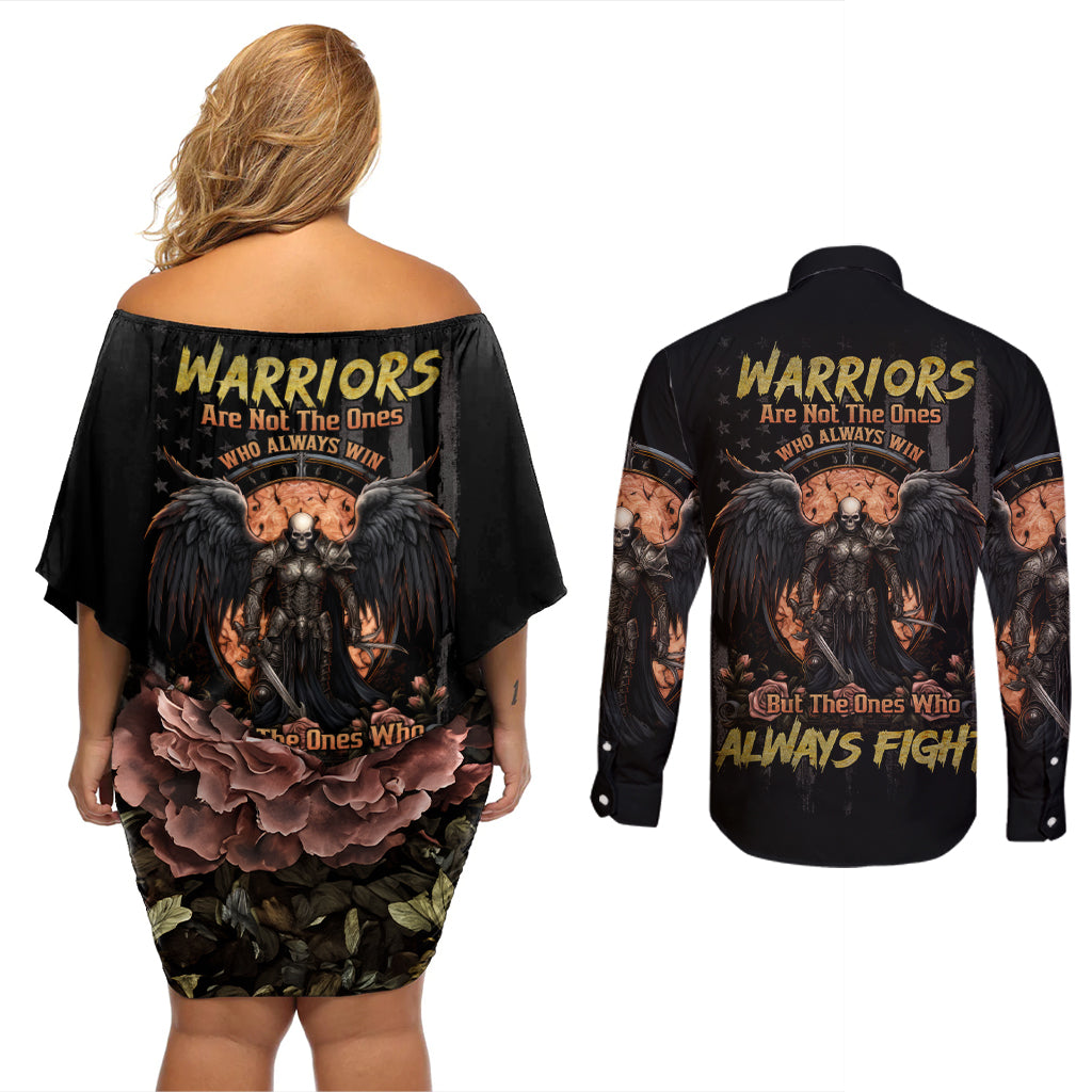 Warrior Skull Couples Matching Off Shoulder Short Dress and Long Sleeve Button Shirt Warriors Are The One Who Always Fight - Wonder Print Shop