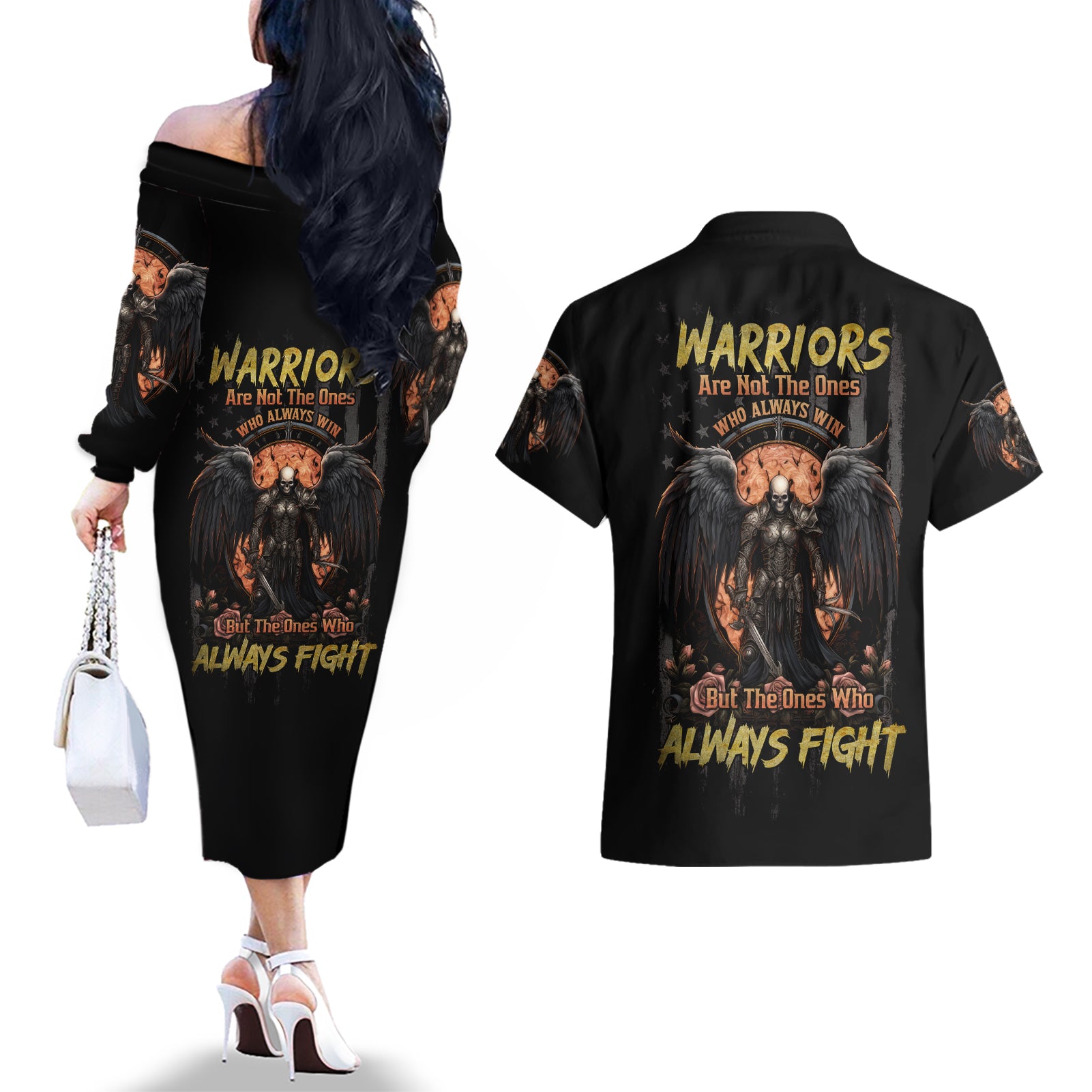 Warrior Skull Couples Matching Off The Shoulder Long Sleeve Dress and Hawaiian Shirt Warriors Are The One Who Always Fight - Wonder Print Shop