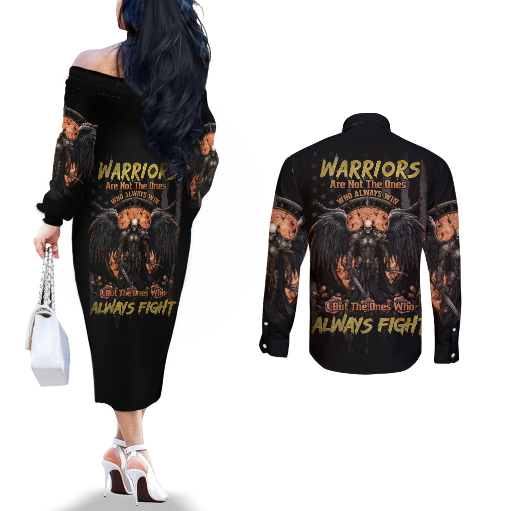 Warrior Skull Couples Matching Off The Shoulder Long Sleeve Dress and Long Sleeve Button Shirt Warriors Are The One Who Always Fight