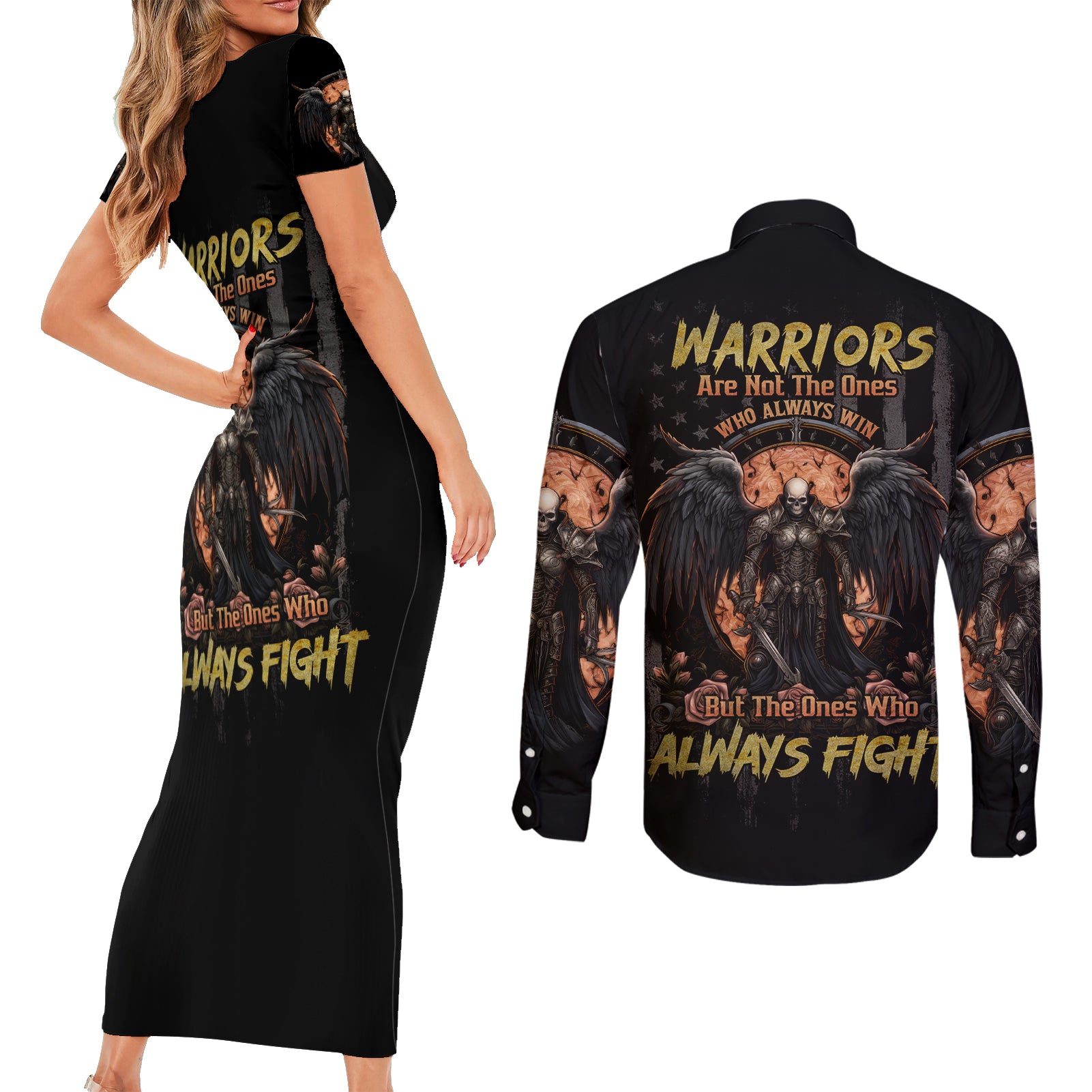 Warrior Skull Couples Matching Short Sleeve Bodycon Dress and Long Sleeve Button Shirt Warriors Are The One Who Always Fight - Wonder Print Shop