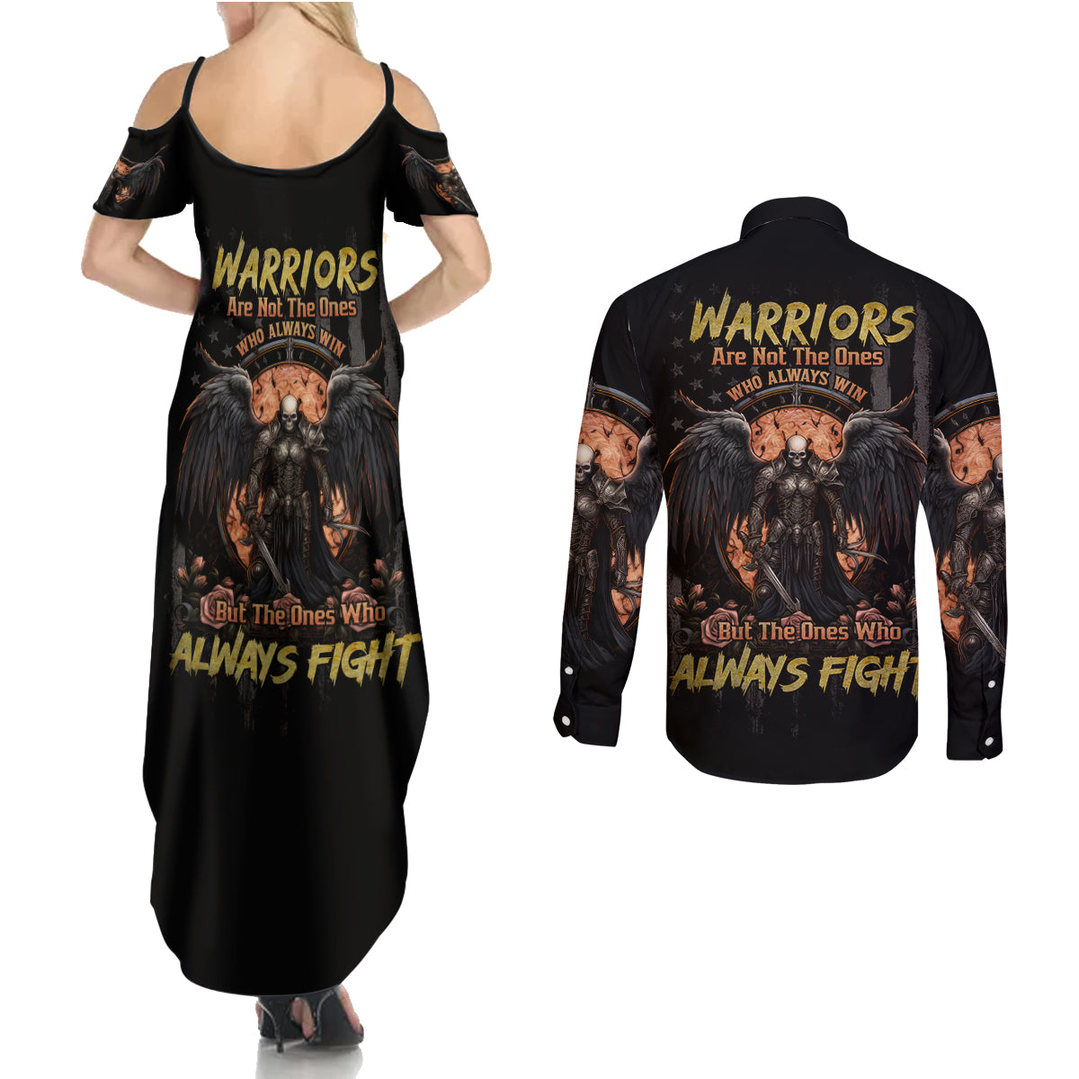 Warrior Skull Couples Matching Summer Maxi Dress and Long Sleeve Button Shirt Warriors Are The One Who Always Fight - Wonder Print Shop