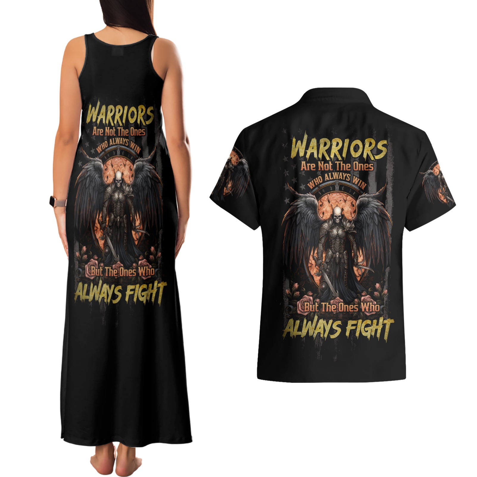 Warrior Skull Couples Matching Tank Maxi Dress and Hawaiian Shirt Warriors Are The One Who Always Fight - Wonder Print Shop