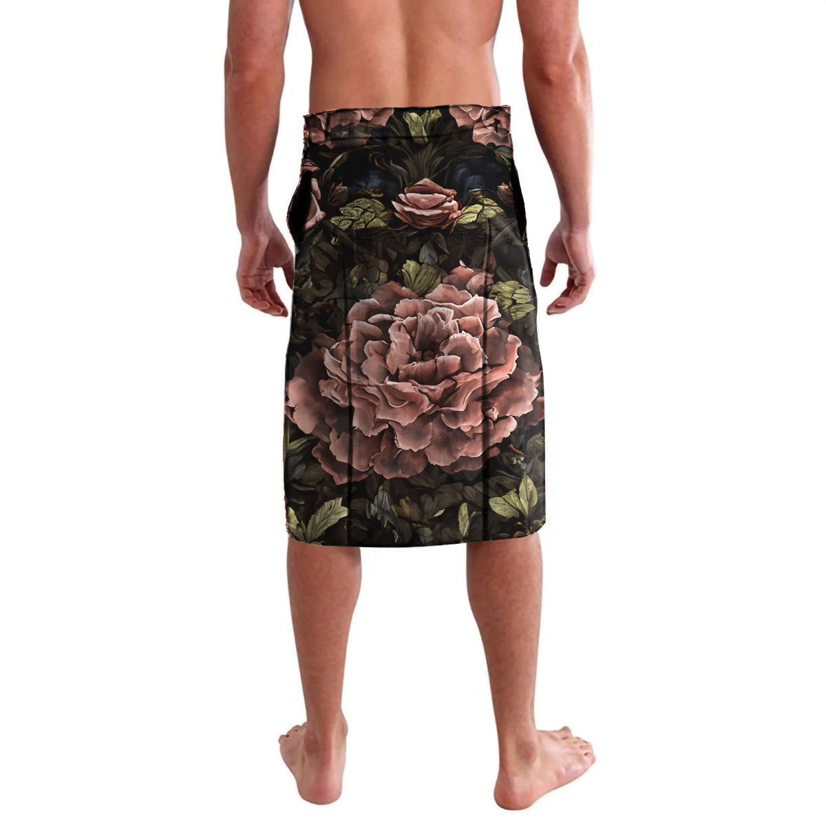 Black lavelava skirt with large floral rose print and leaf pattern