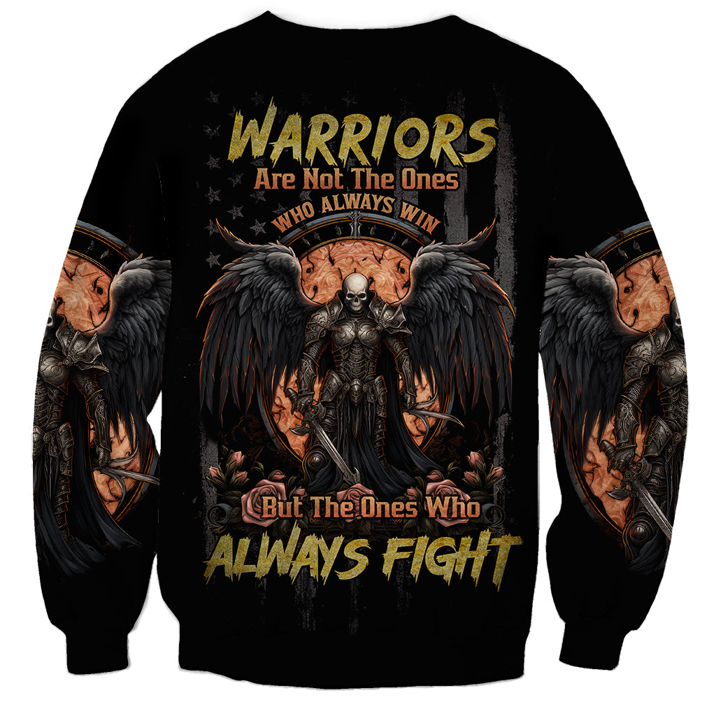 Black unisex crewneck sweatshirt with winged skull graphic and bold warrior text