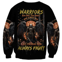 Black unisex crewneck sweatshirt with winged skull graphic and bold warrior text