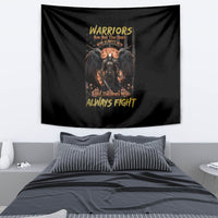 Black warrior skull tapestry with winged figure and gold 'ALWAYS FIGHT' slogan.