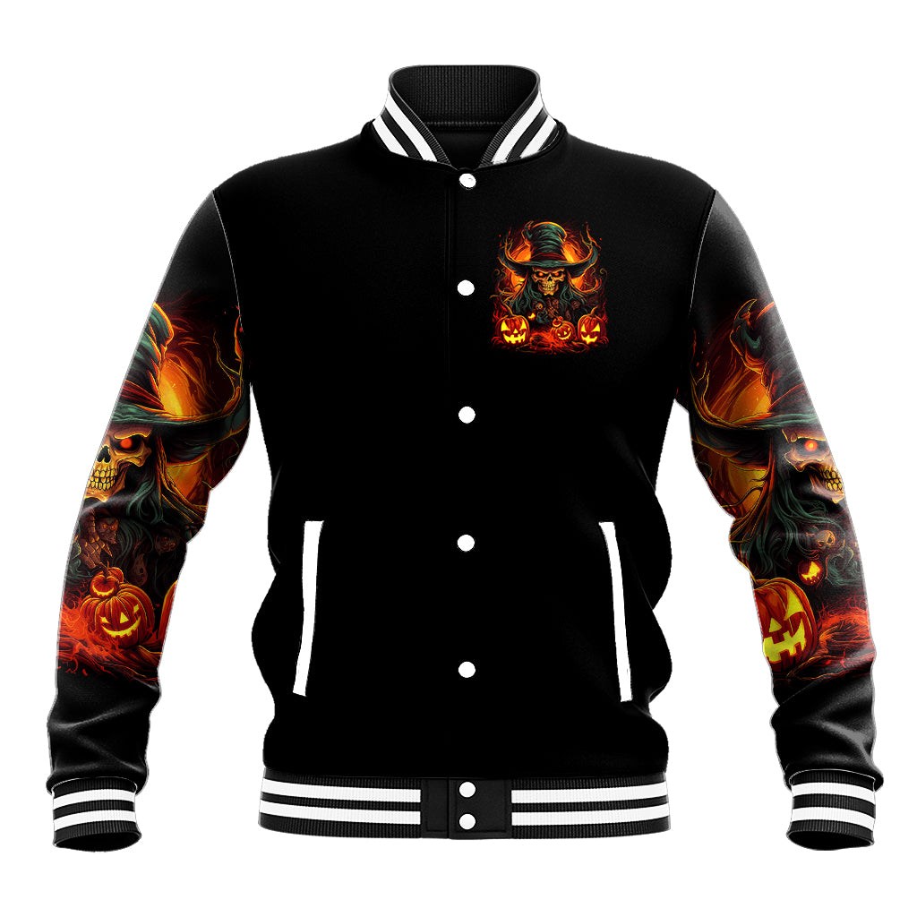 Black baseball jacket with witch skull pocket graphic, striped ribbed stand collar and cuffs.