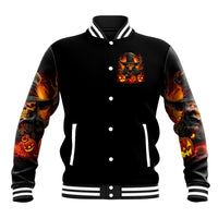 Black baseball jacket with witch skull pocket graphic, striped ribbed stand collar and cuffs.