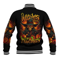 Black baseball jacket with witch skull graphic on back, striped ribbed collar and cuffs.
