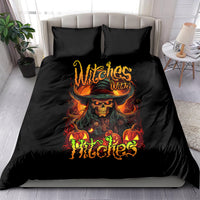 Black bedding set featuring witch skull with flames, two matching pillowcases