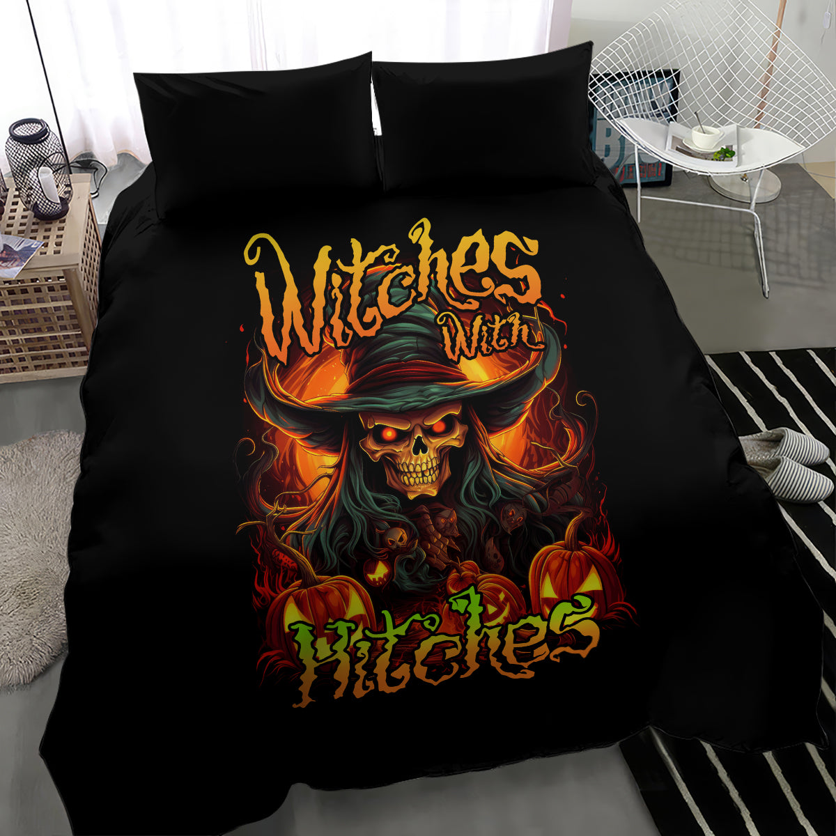 Black duvet cover and pillowcases with witch skull in flames, front view