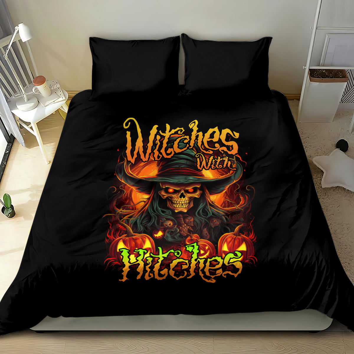 Black bedding set with witch skull and flame typography, two pillowcases on bed