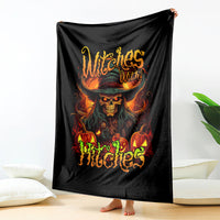 Black witch skull blanket hanging flat with fiery skull and flame spell typography