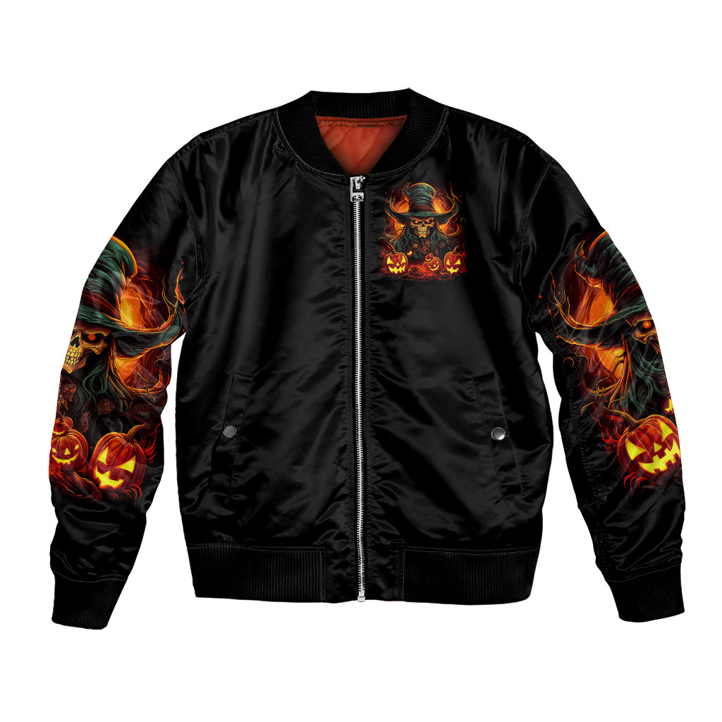 Black satin bomber jacket, full-zip front, front witch skull flame patch and sleeve prints