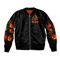 Black satin bomber jacket, full-zip front, front witch skull flame patch and sleeve prints