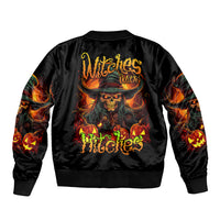 Black satin bomber jacket with ribbed collar and back witch skull flame graphic