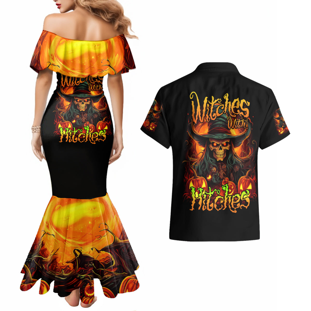 Witch Skull Couples Matching Mermaid Dress and Hawaiian Shirt Witches With Hitches - Wonder Print Shop