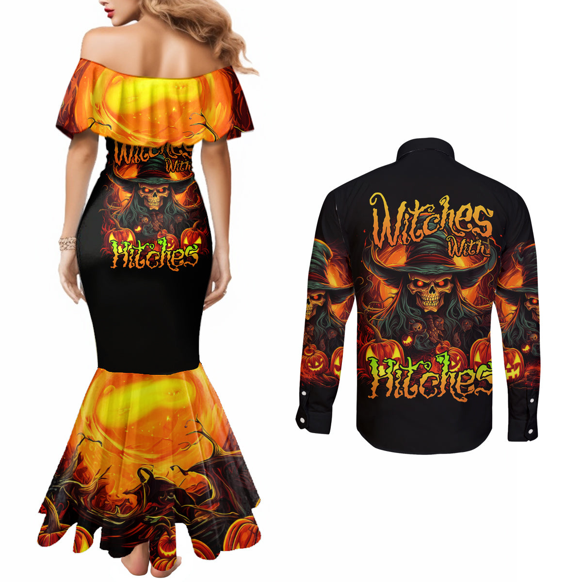 Witch Skull Couples Matching Mermaid Dress and Long Sleeve Button Shirt Witches With Hitches