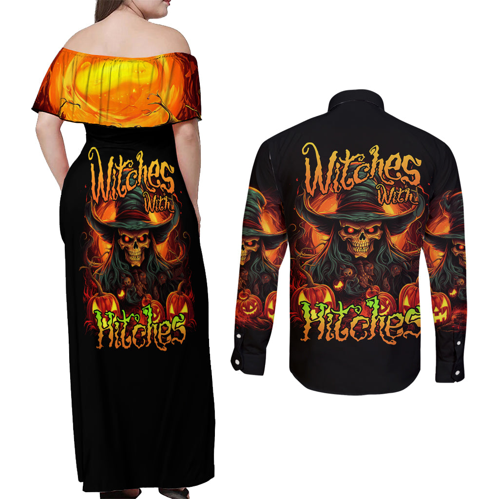 Witch Skull Couples Matching Off Shoulder Maxi Dress and Long Sleeve Button Shirt Witches With Hitches - Wonder Print Shop