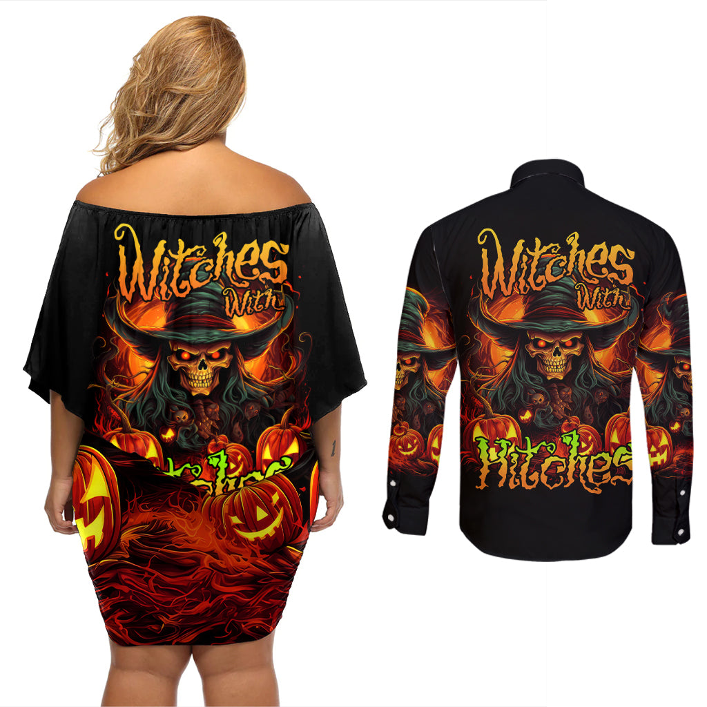 Witch Skull Couples Matching Off Shoulder Short Dress and Long Sleeve Button Shirt Witches With Hitches - Wonder Print Shop