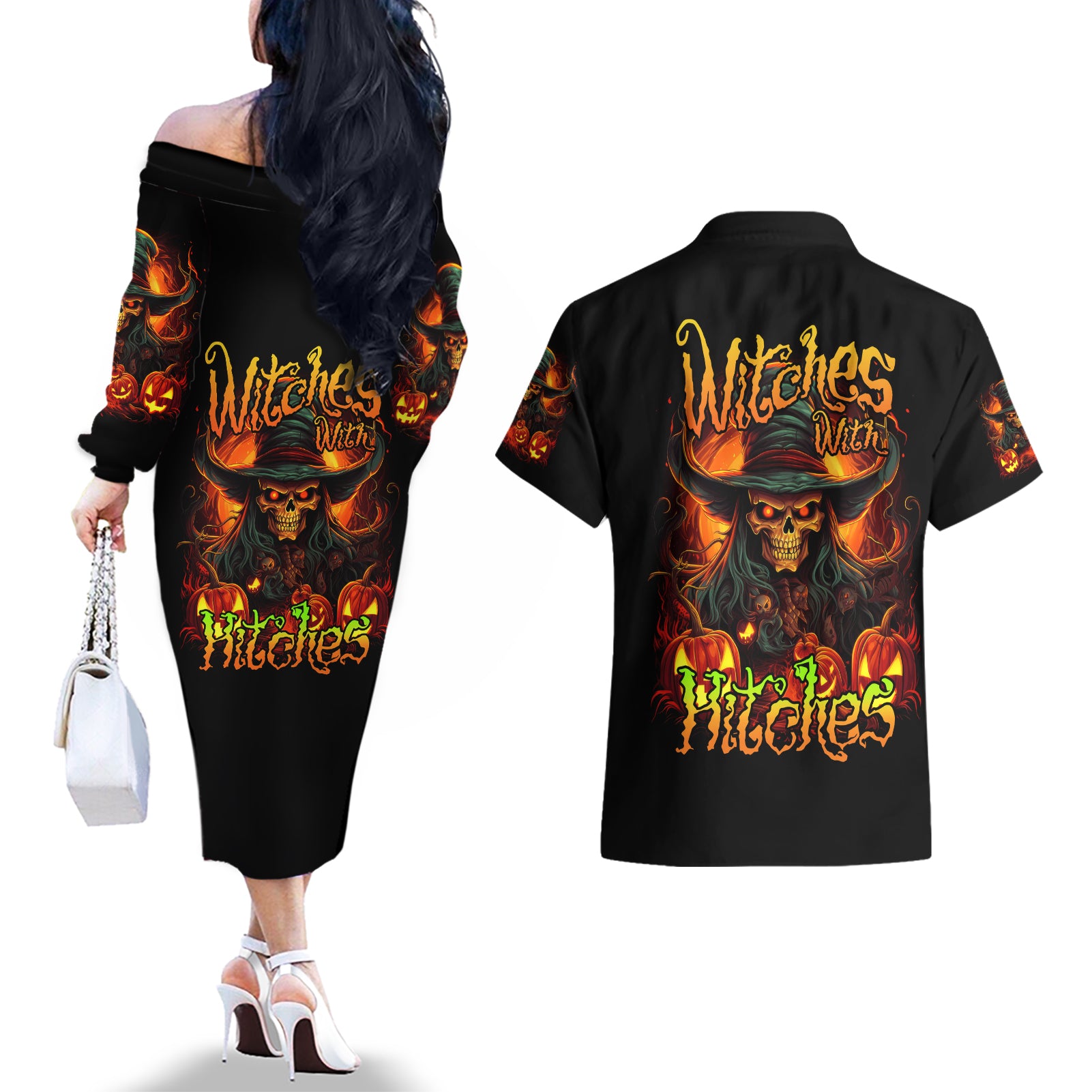 Witch Skull Couples Matching Off The Shoulder Long Sleeve Dress and Hawaiian Shirt Witches With Hitches - Wonder Print Shop