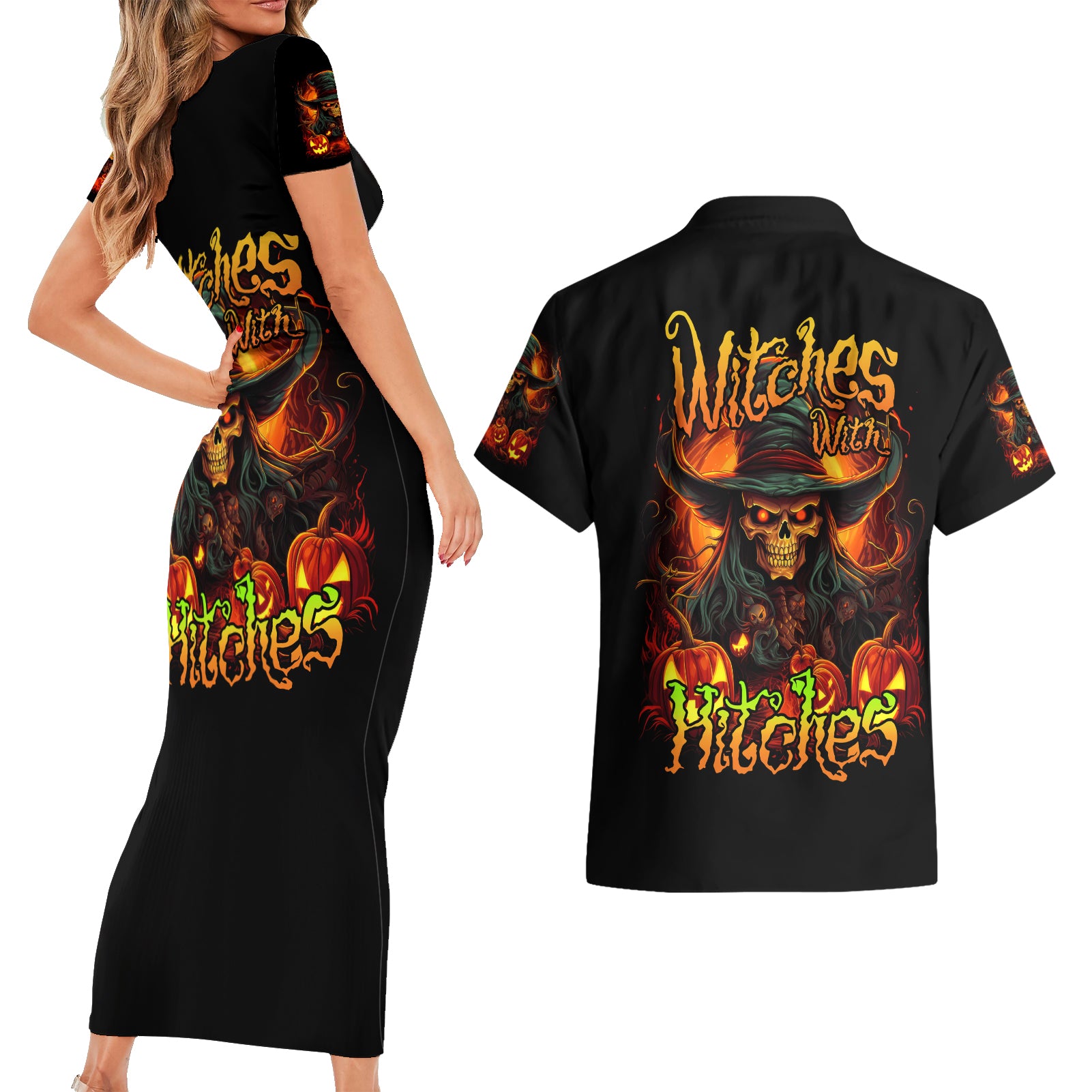 Witch Skull Couples Matching Short Sleeve Bodycon Dress and Hawaiian Shirt Witches With Hitches - Wonder Print Shop