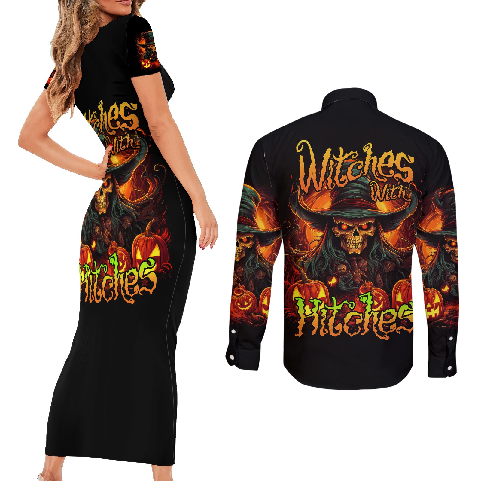 Witch Skull Couples Matching Short Sleeve Bodycon Dress and Long Sleeve Button Shirt Witches With Hitches - Wonder Print Shop