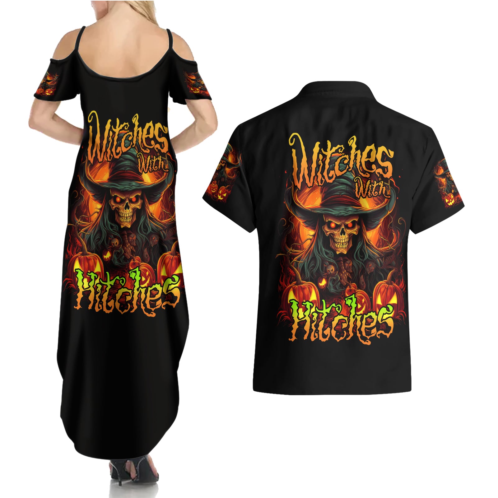 Witch Skull Couples Matching Summer Maxi Dress and Hawaiian Shirt Witches With Hitches - Wonder Print Shop