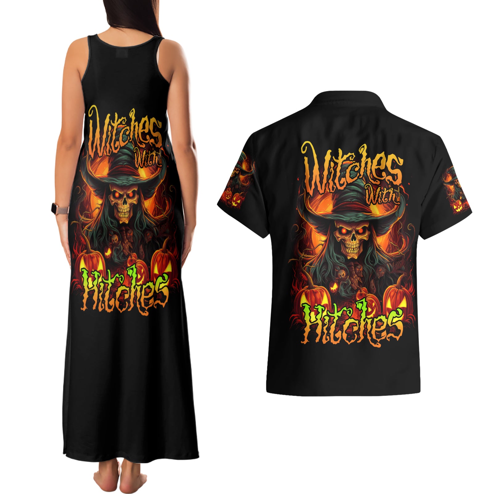 Witch Skull Couples Matching Tank Maxi Dress and Hawaiian Shirt Witches With Hitches - Wonder Print Shop